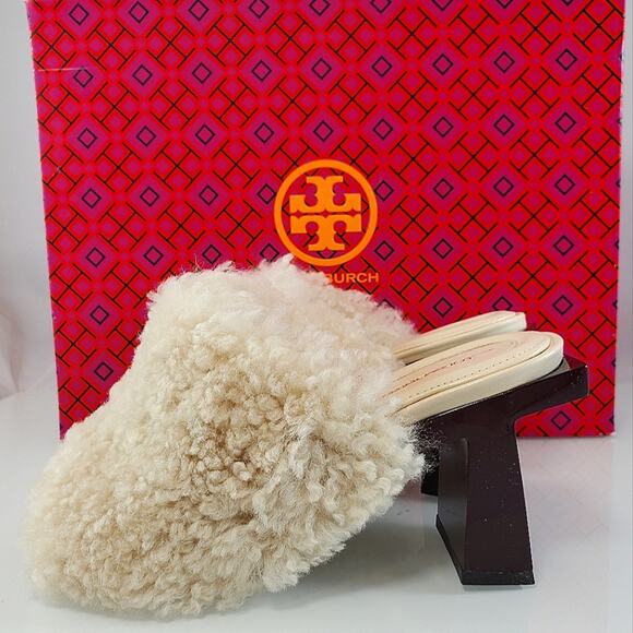 NWT$398 Tory Burch Block T 80mm Heel Shearling Heeled Mules Sandals Shoe Sz 5 - Picture 8 of 15